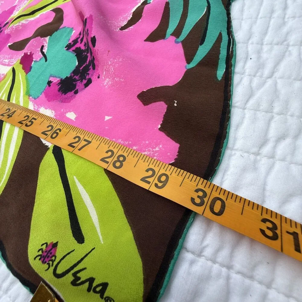 Vintage Vera Neumann Floral Scarf Pink Green Brown Hand Rolled Ladybug Logo - Picture 6 of 13